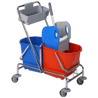 Wózek do Sprzątania Wiadra 2 x 25 litrów Chromowany z Wyciskarką Szczękową i Koszykiem na Akcesoria HS211