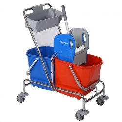Wózek do Sprzątania 2x25l Chromowany z Wyciskarką Szczękową i Koszykiem na Akcesoria HSSCK50BD